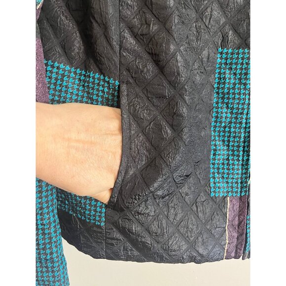 Retro Quilted Puffer Jacket Blue L Geometric Floral Striped 80s Funky Artsy Chic - Picture 8 of 12
